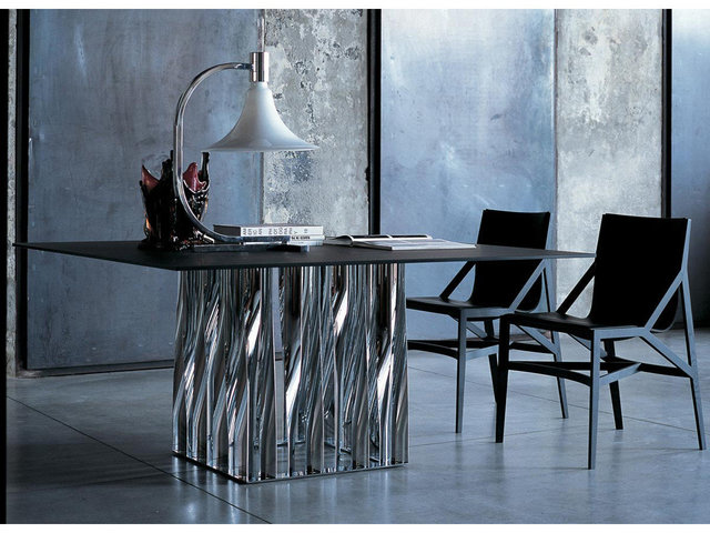 Boboli-Square-Table-with-chrome-base-and-dark-crystal-top-with-Cassina-Pilotta-Chair.jpg
