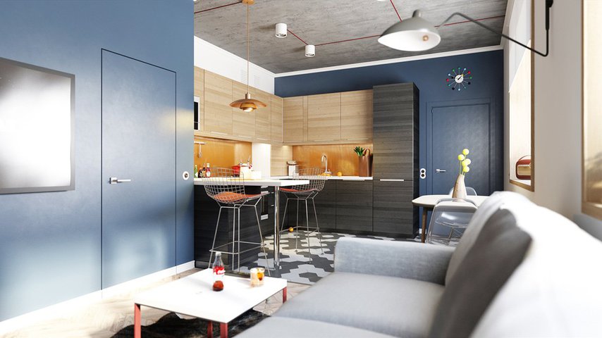 blue-walls-small-kitchen-gray-cabinets.jpg