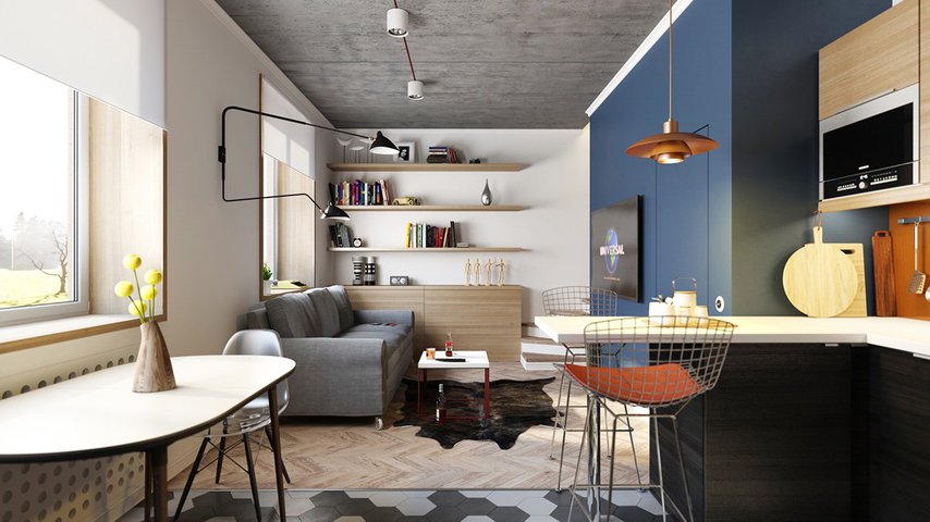 gray-couch-wood-shelves-blue-wall.jpg