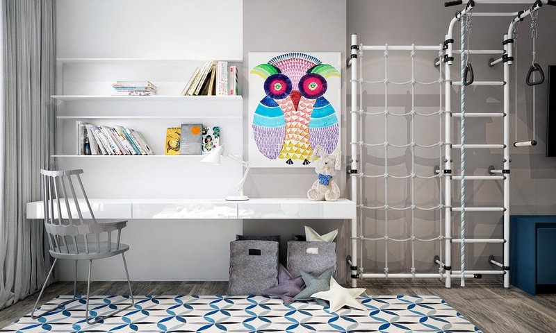 kids-room-kaleidoscopic-owl-art-white-ladder-railing.jpg