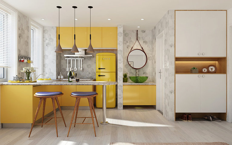mustard-cabinet-kitchen-three-hanging-copper-lights.jpg