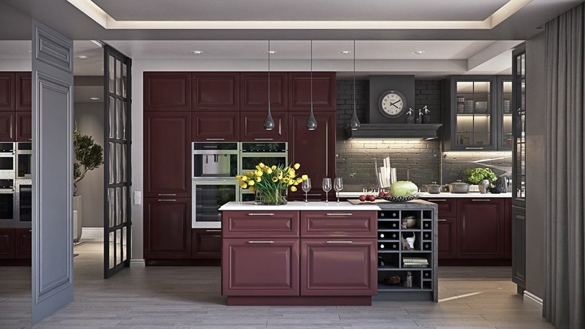 Charcoal-and-mahogany-kitchen-glazed-cabinetry-oval-clock.jpg