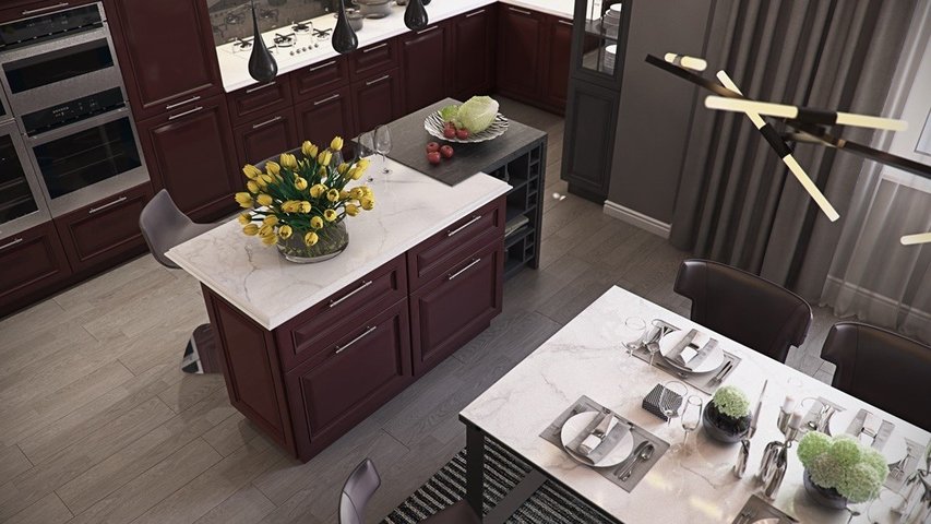 Top-down-kitchen-view-elegant-mahogany-lacquered-cabinetry-moss-potted-plants-teardrop-lighting.jpg
